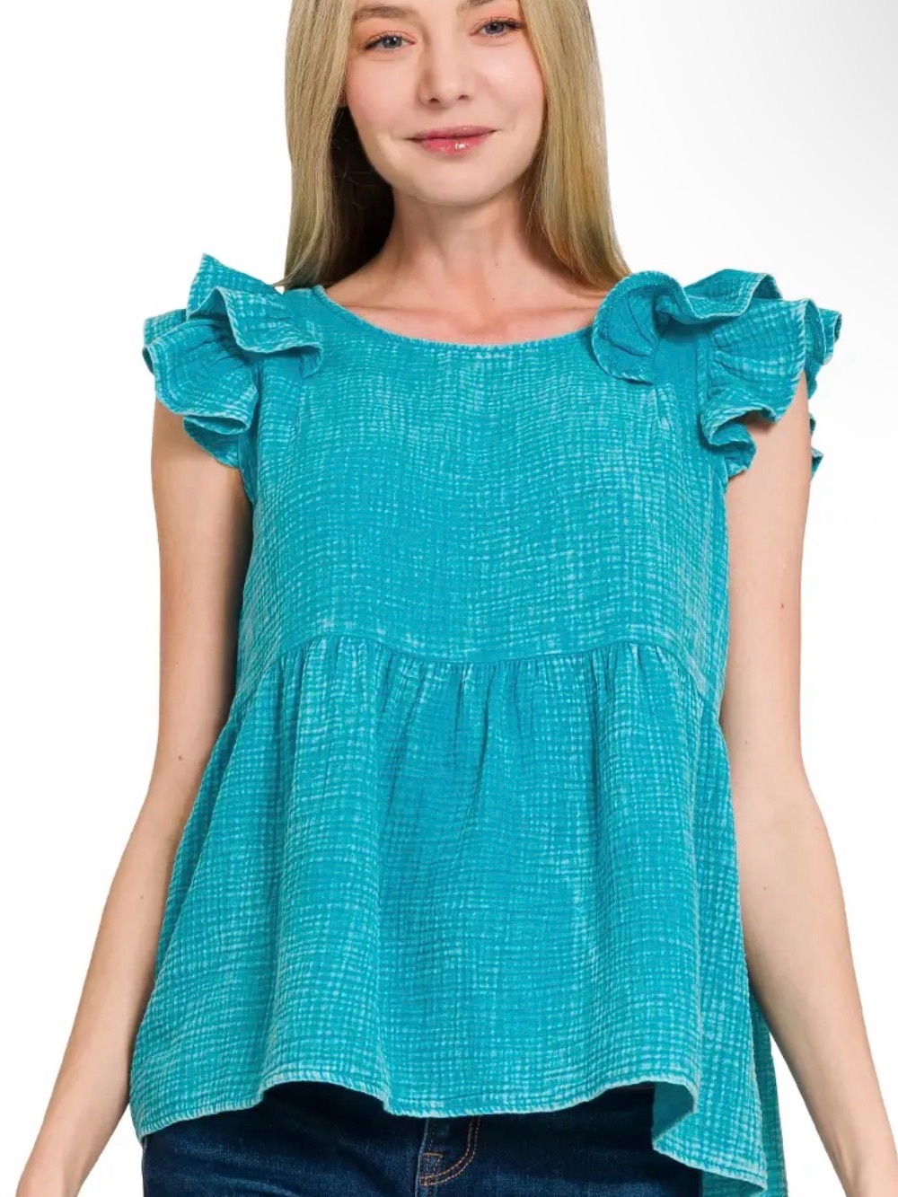 Zenana Double Gauze Acid Washed Tiered Ruffle Peplum Top